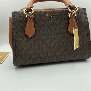 Michael Kors Marilyn Small Satchel Crossbody Brown Acorn MK Signature NWT